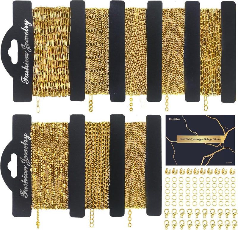 Ecoofor 18k Gold Necklace Chains for Jewelry Making, 52.5 Feet 8 Rolls Bracelet Chains for DIY,6.5 Feet Each Style, Gold Plated Chain with Jump Rings/Lobster Clasps/Connectors - Image 1